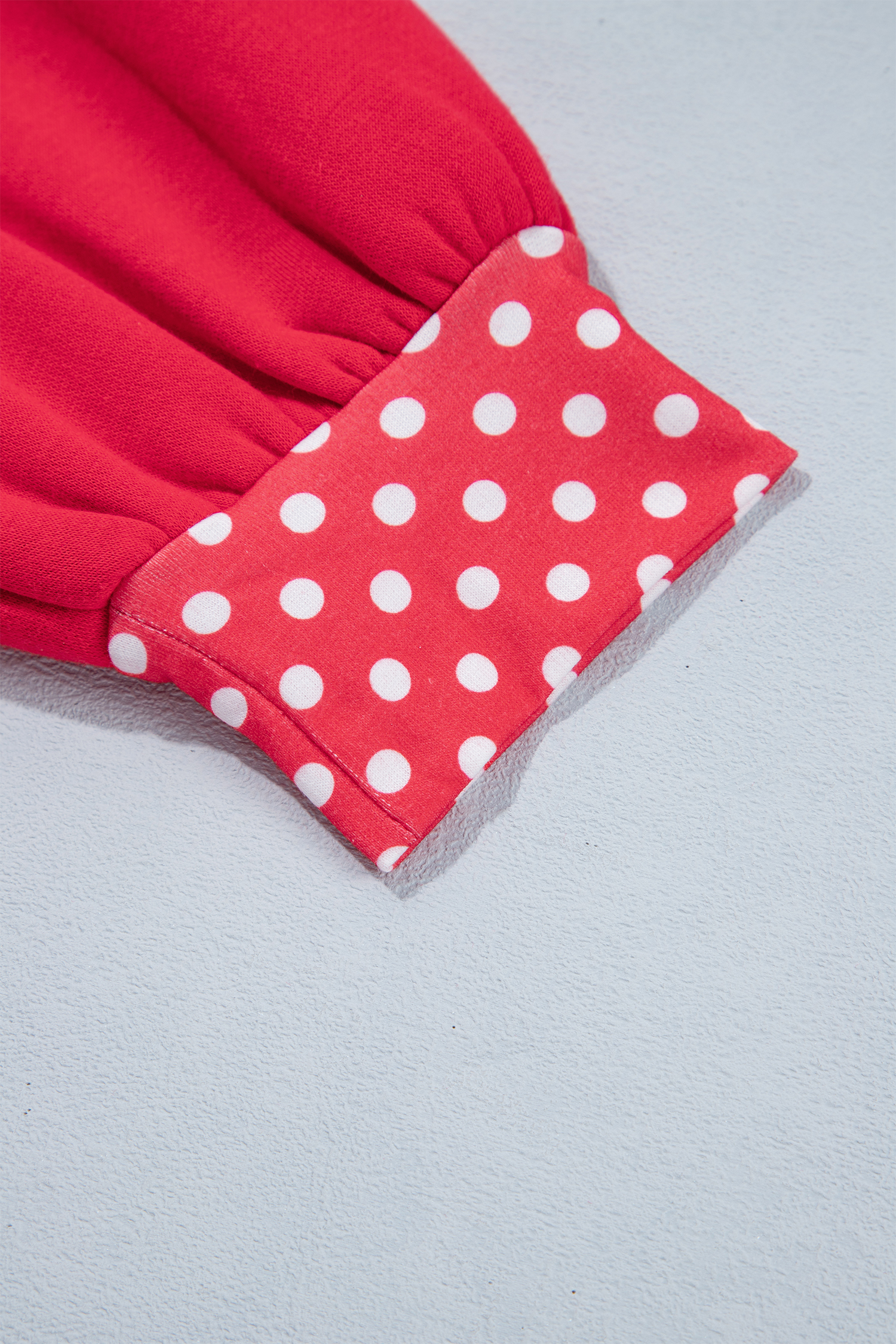 Oversized Red Mock Neck Sweatshirt, Polka Dot Trim Detail - Detail View 11