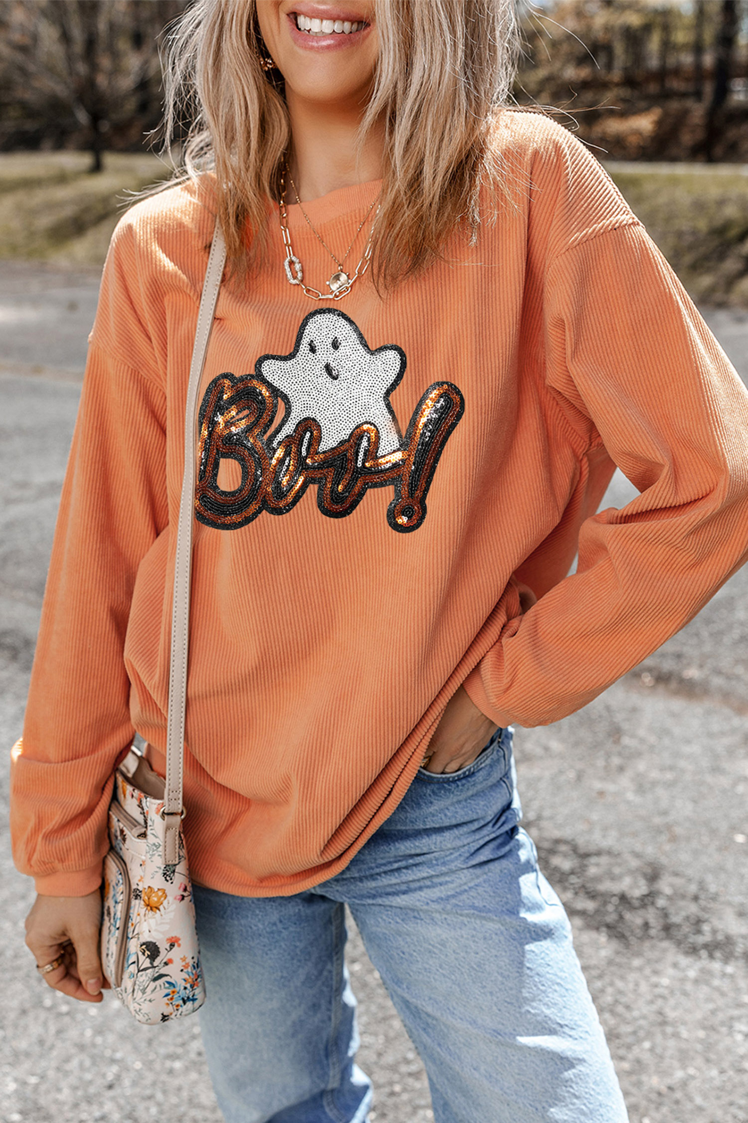 Casual Long Sleeve Halloween Sweatshirt, Orange Festive Top - Detail View 6