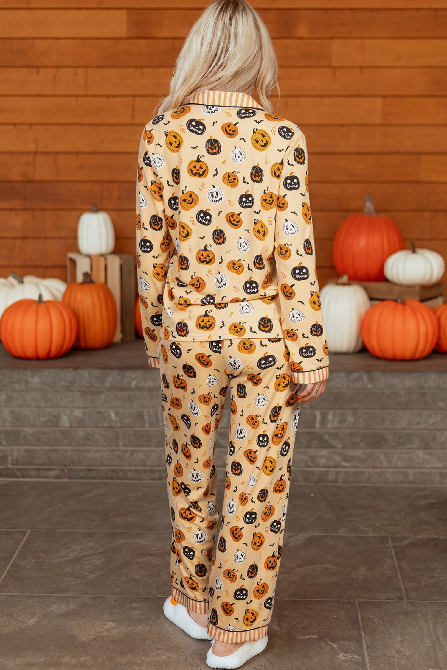 Autumn Pumpkin Print Sleepwear, Two Piece Casual Lounge Set - Detail View 2