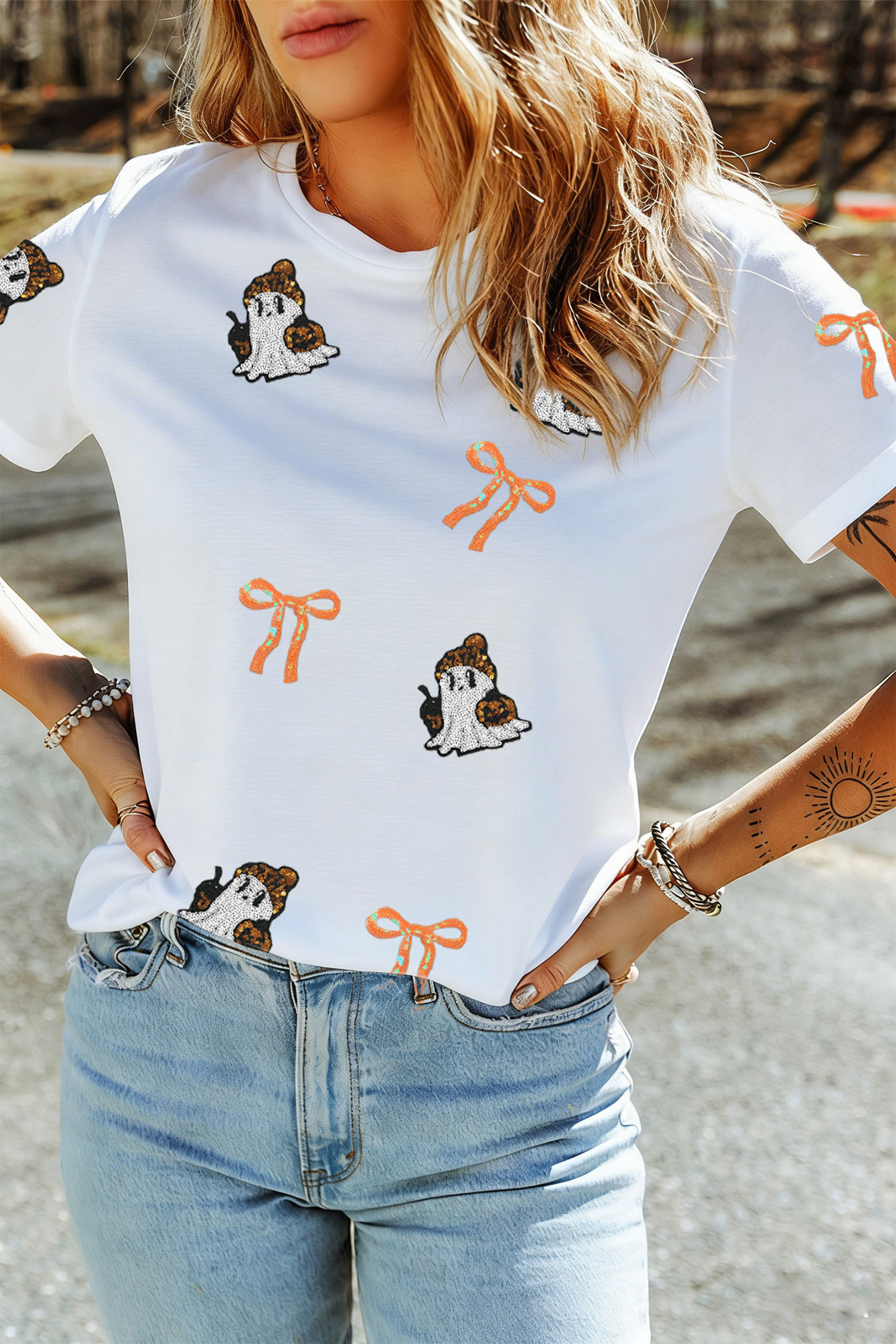 Festive Ghost Print T-Shirt, Women's Sequin Holiday Casual - Detail View 6