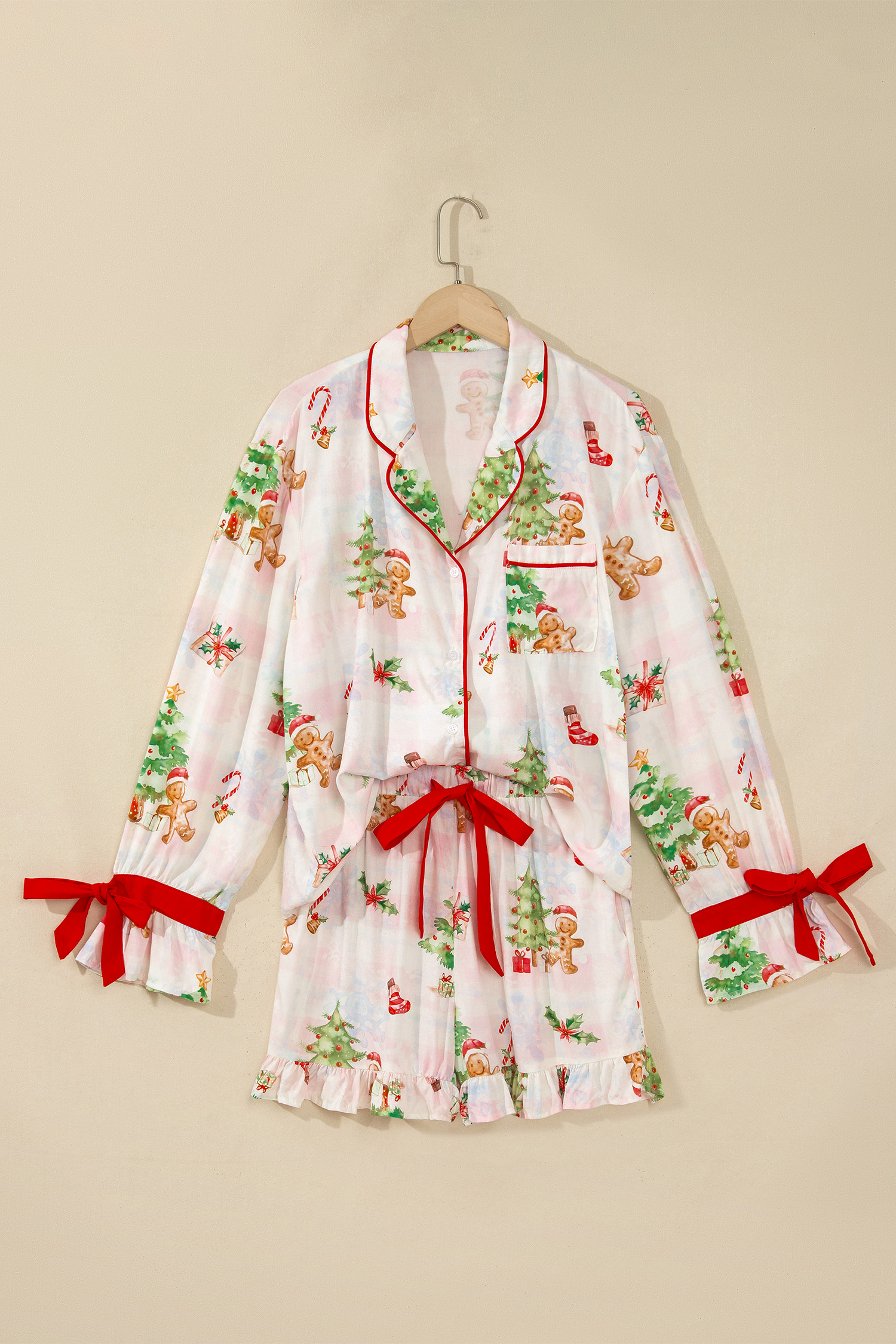 Women's Long Sleeve Pajama Set, Ruffled Holiday PJ - Detail View 3