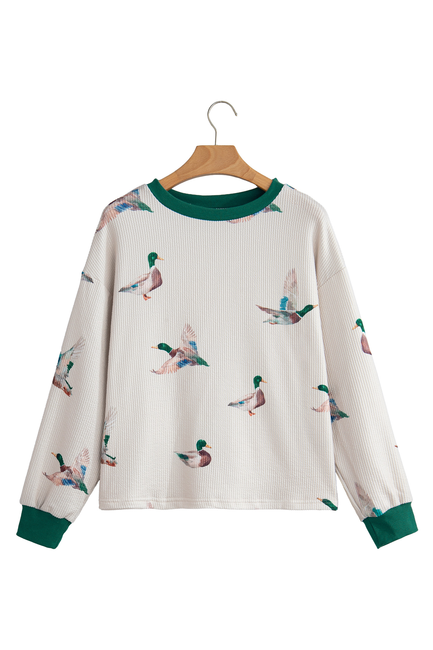 Beige Ribbed Duck Print Top, Women's Fall Casual Pullover - Detail View 3