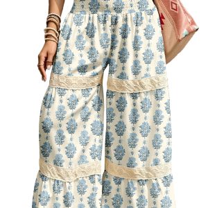 Women's Wide Leg Pants, Casual Smocked Floral - Main View