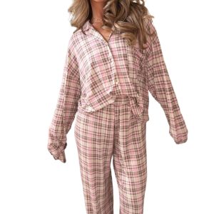 Women's Plaid Lounge Set, Casual Long Sleeve PJs - Main View