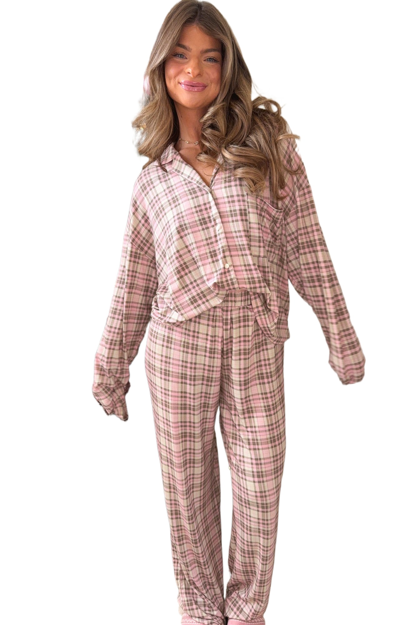 Women's Plaid Lounge Set, Casual Long Sleeve PJs - Main View