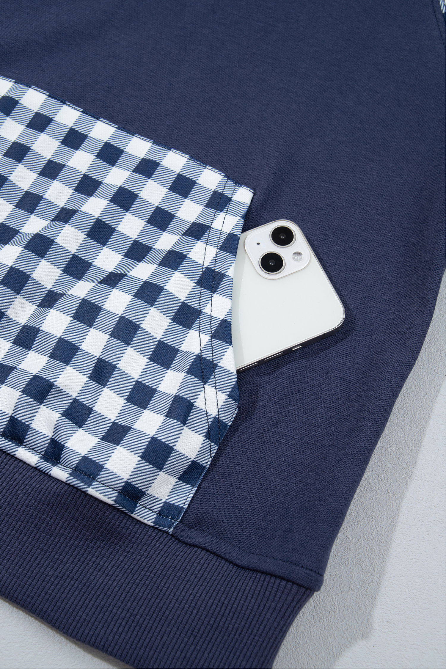 Patchwork Plaid Women's Sweatshirt, Navy Blue Casual Top - Detail View 8