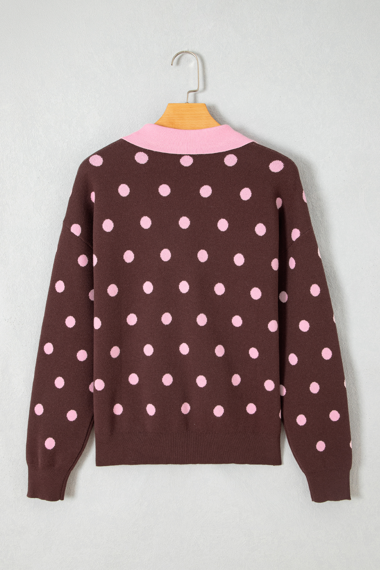 Pink Polka Dot Long Sleeve Top, Brown Colorblock Knitwear - Detail View 5