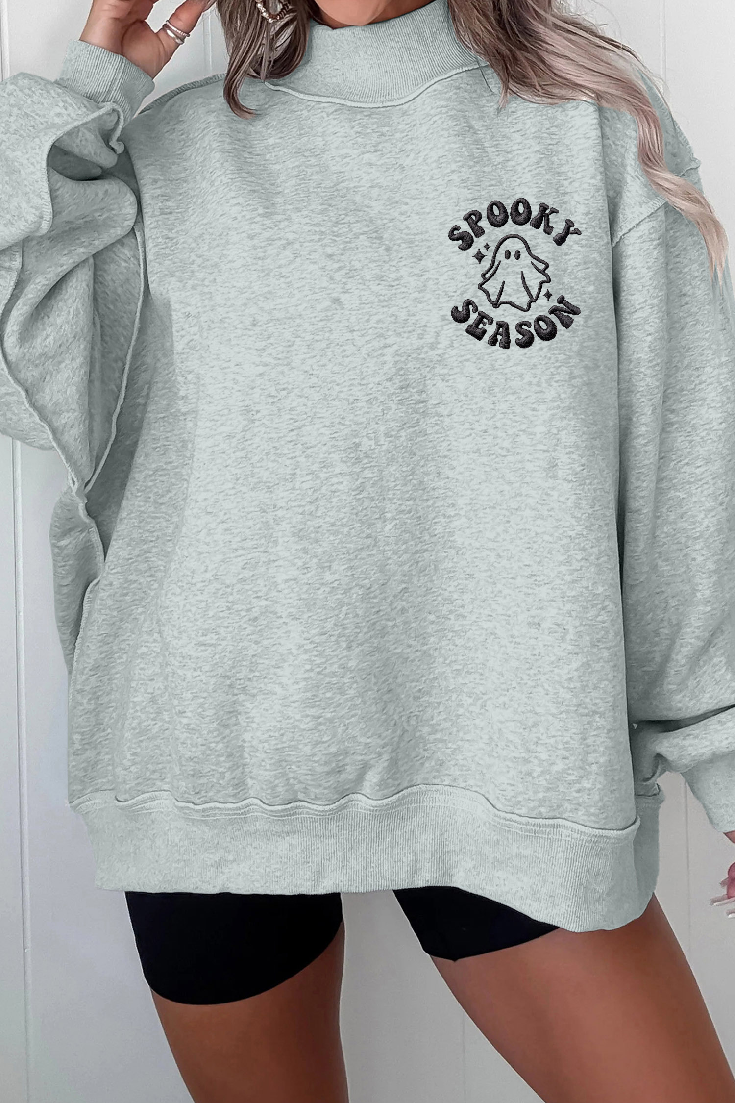 Women's Gray Autumn Sweatshirt, Cozy Stand Neck Design - Detail View 9