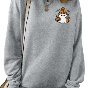Women's Halloween Ghost Sweatshirt, Embroidered Fall Pullover - Main View