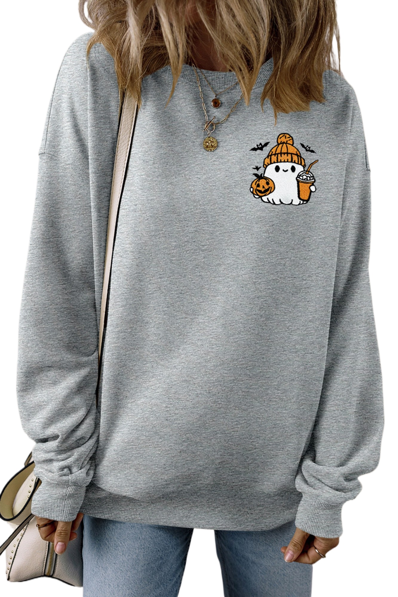 Women's Halloween Ghost Sweatshirt, Embroidered Fall Pullover - Main View