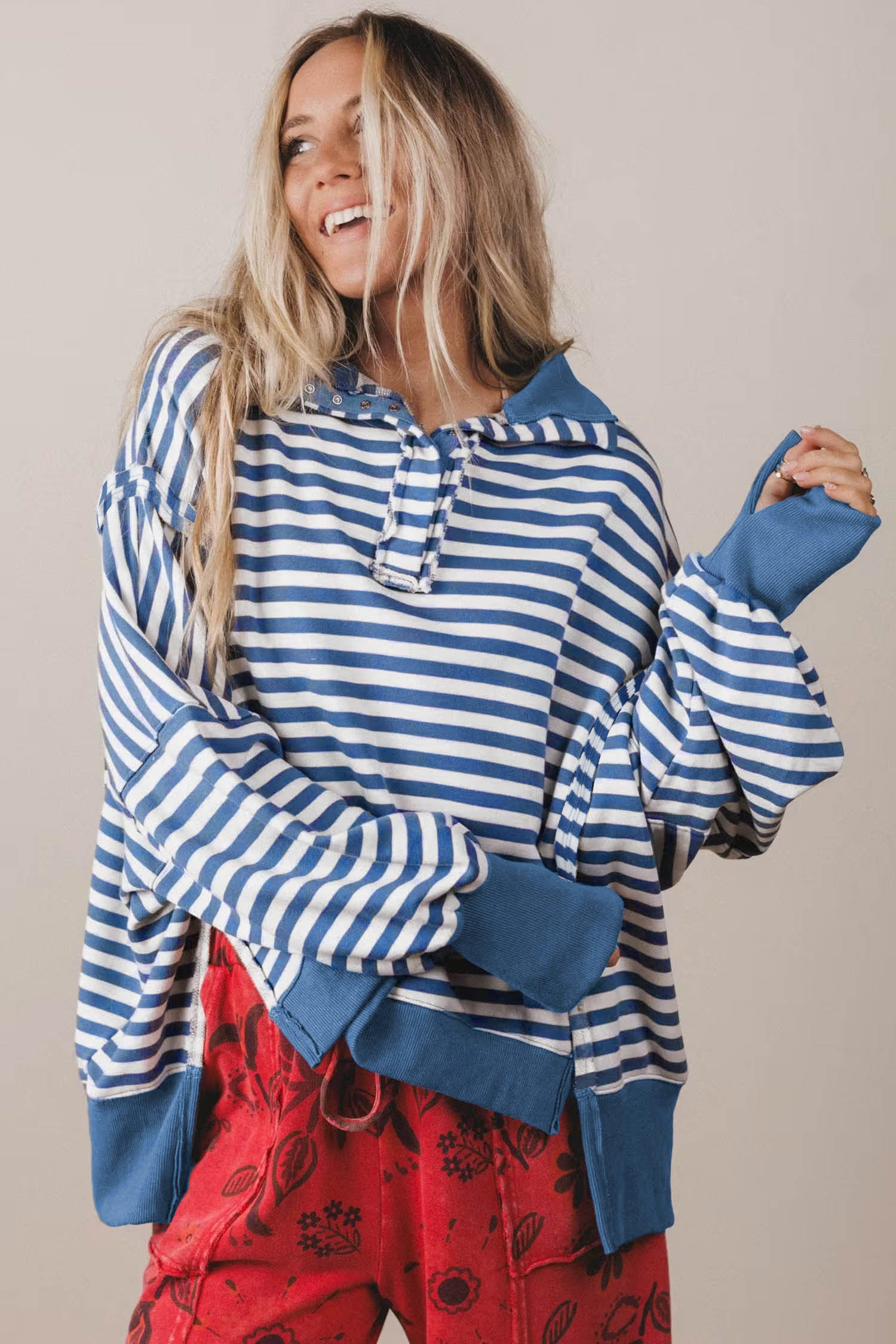 Striped Collar Pullover Sweatshirt, Casual Women's Top - Detail View 7