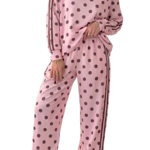 Women Polka Dot Pant Set, Casual Long Sleeve Outfit - Main View