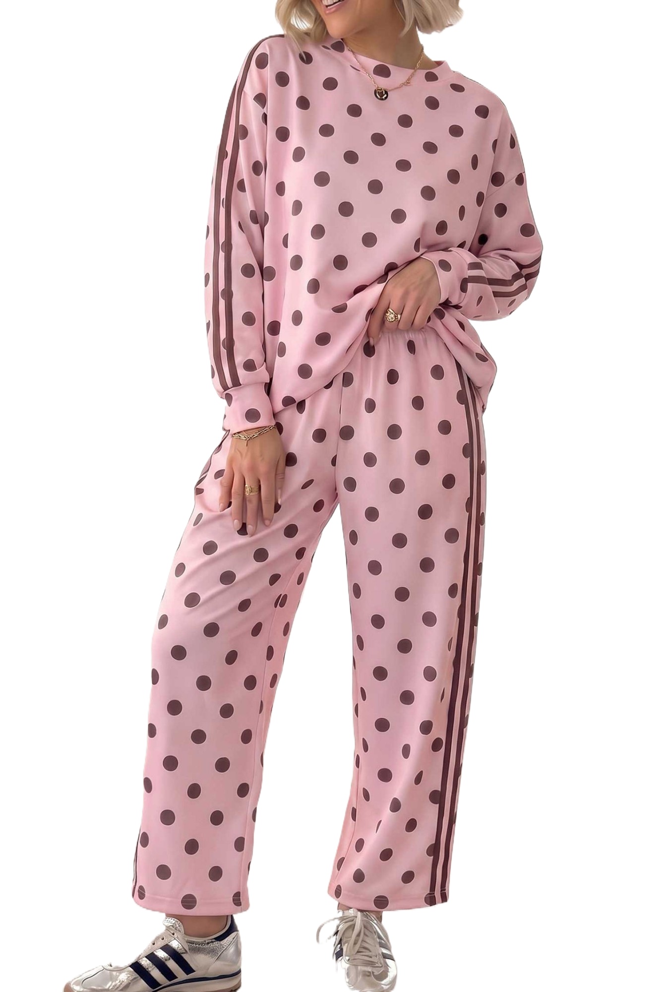 Women Polka Dot Pant Set, Casual Long Sleeve Outfit - Main View