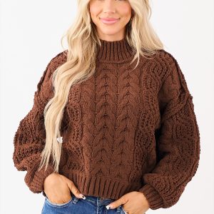 Women's Cable Knit Sweater, Casual Coffee Pullover - Main View