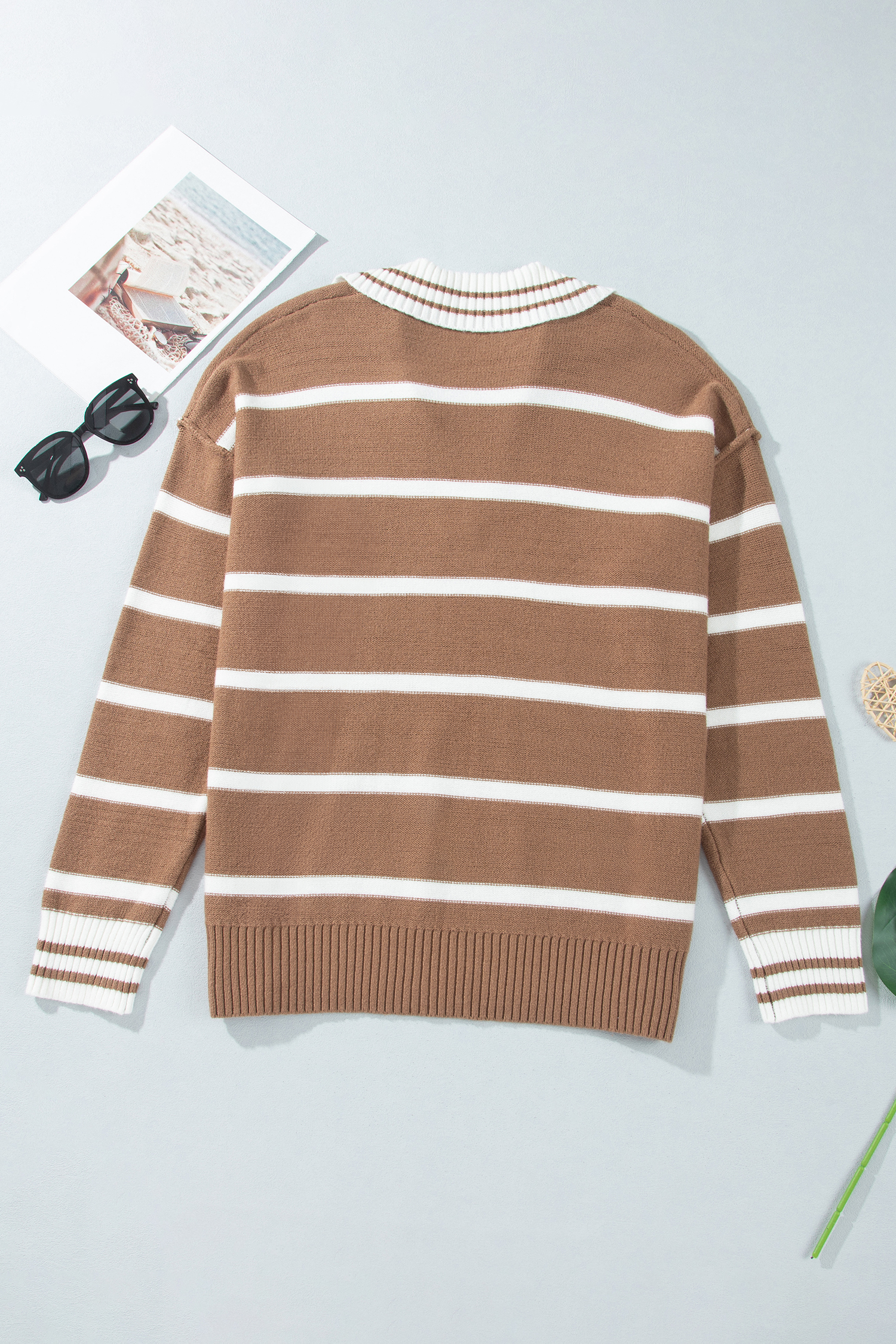 Women's Brown Stripe Sweater, Colorblock Knit Top - Detail View 5