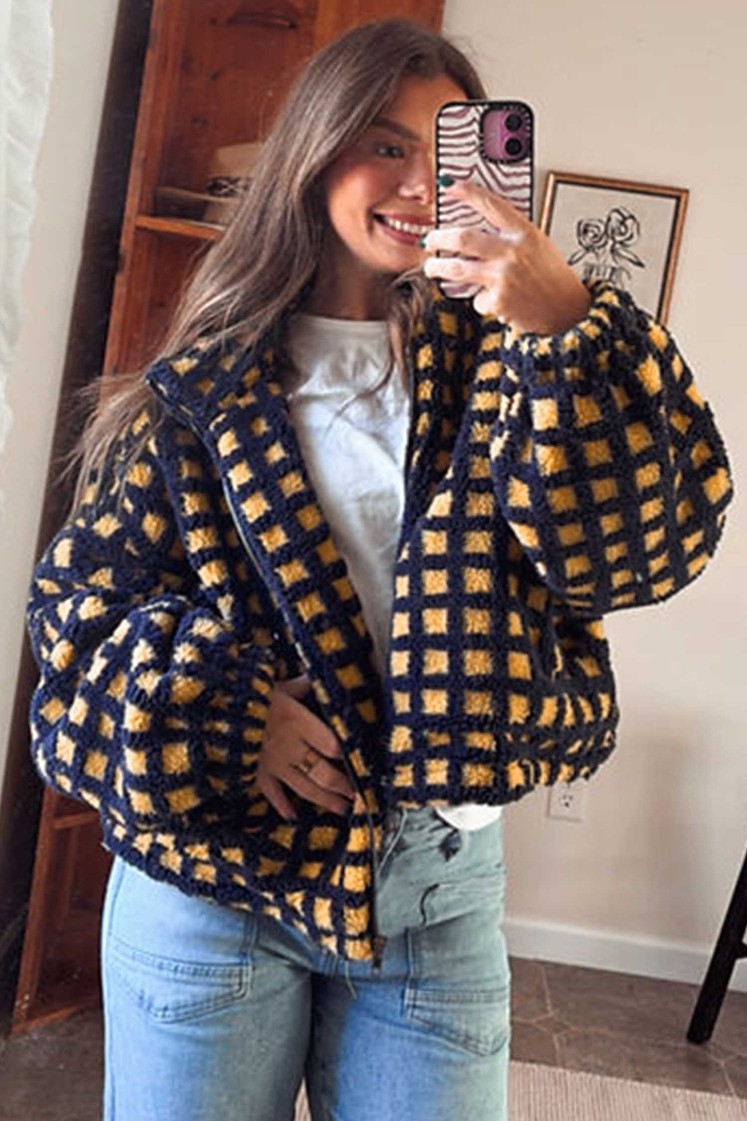 Warm Long Sleeve Sherpa Fleece Coat, Soft Plaid Zip Jacket - Detail View 3