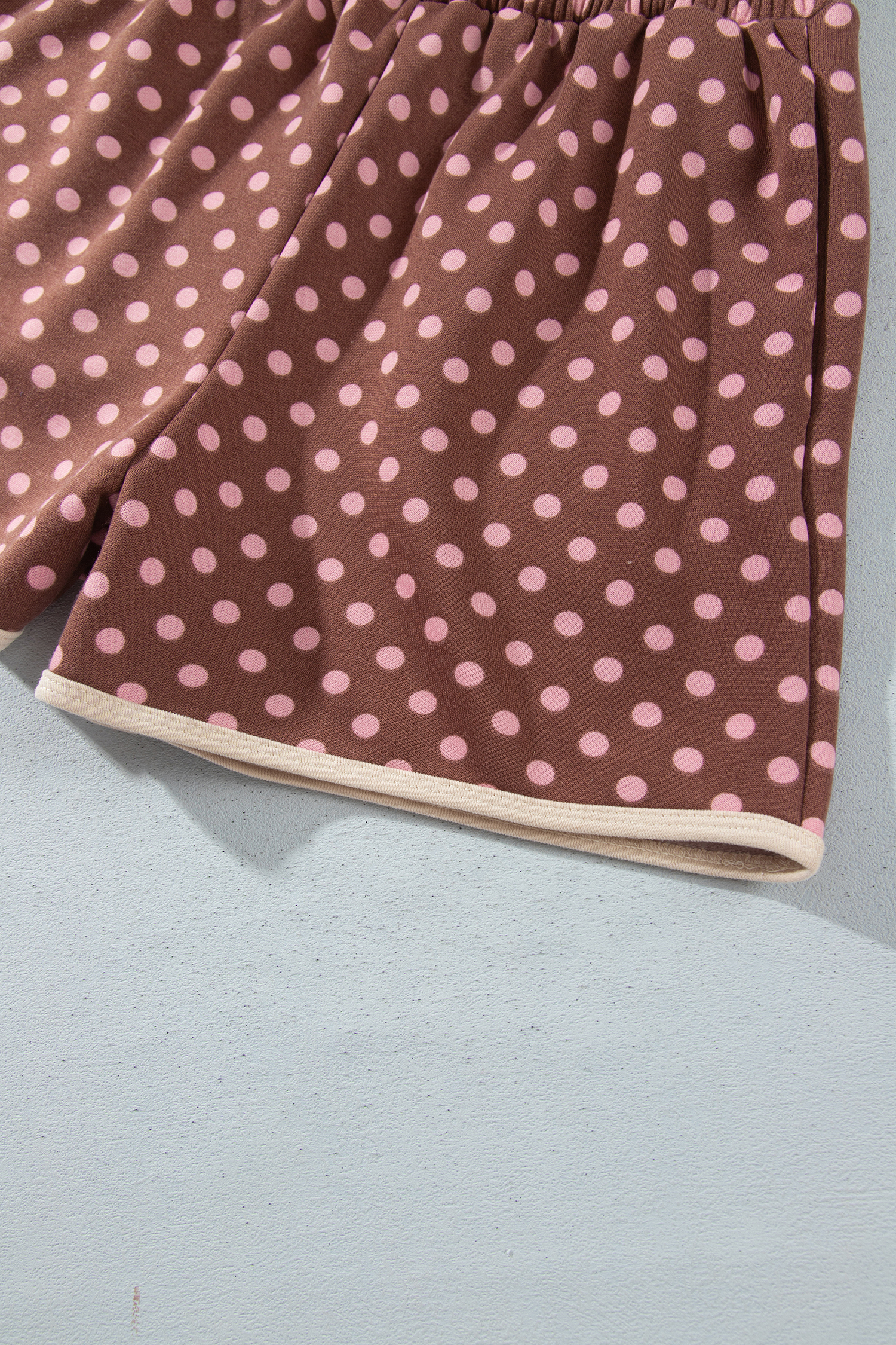 Women's Long Sleeve Pullover and Shorts Set, Polka Dot Brown - Detail View 15
