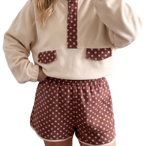 Women's Polka Dot Pullover and Shorts Set, Casual Brown 2pc - Main View