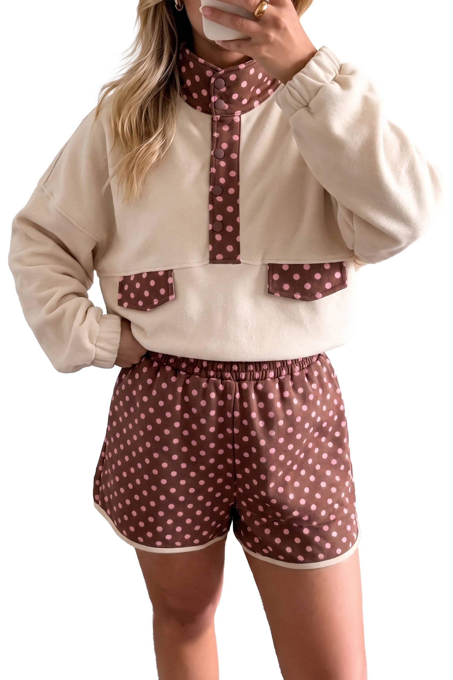 Women's Polka Dot Pullover and Shorts Set, Casual Brown 2pc - Main View