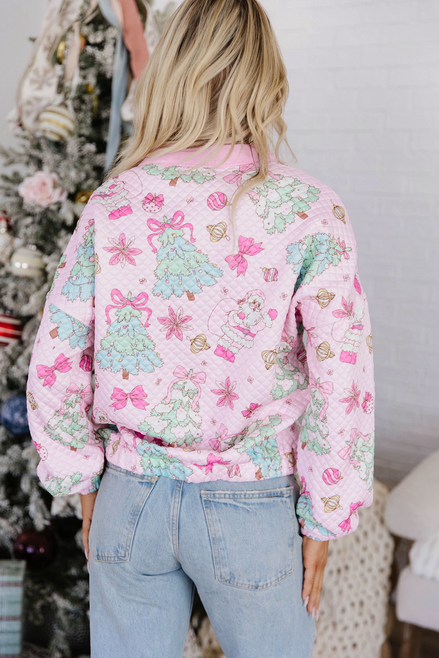 Festive Print Women's Pullover, Cute Quilted Button Top - Detail View 2
