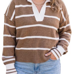 Women's Striped V Neck Sweater, Casual Fall Pullover - Main View