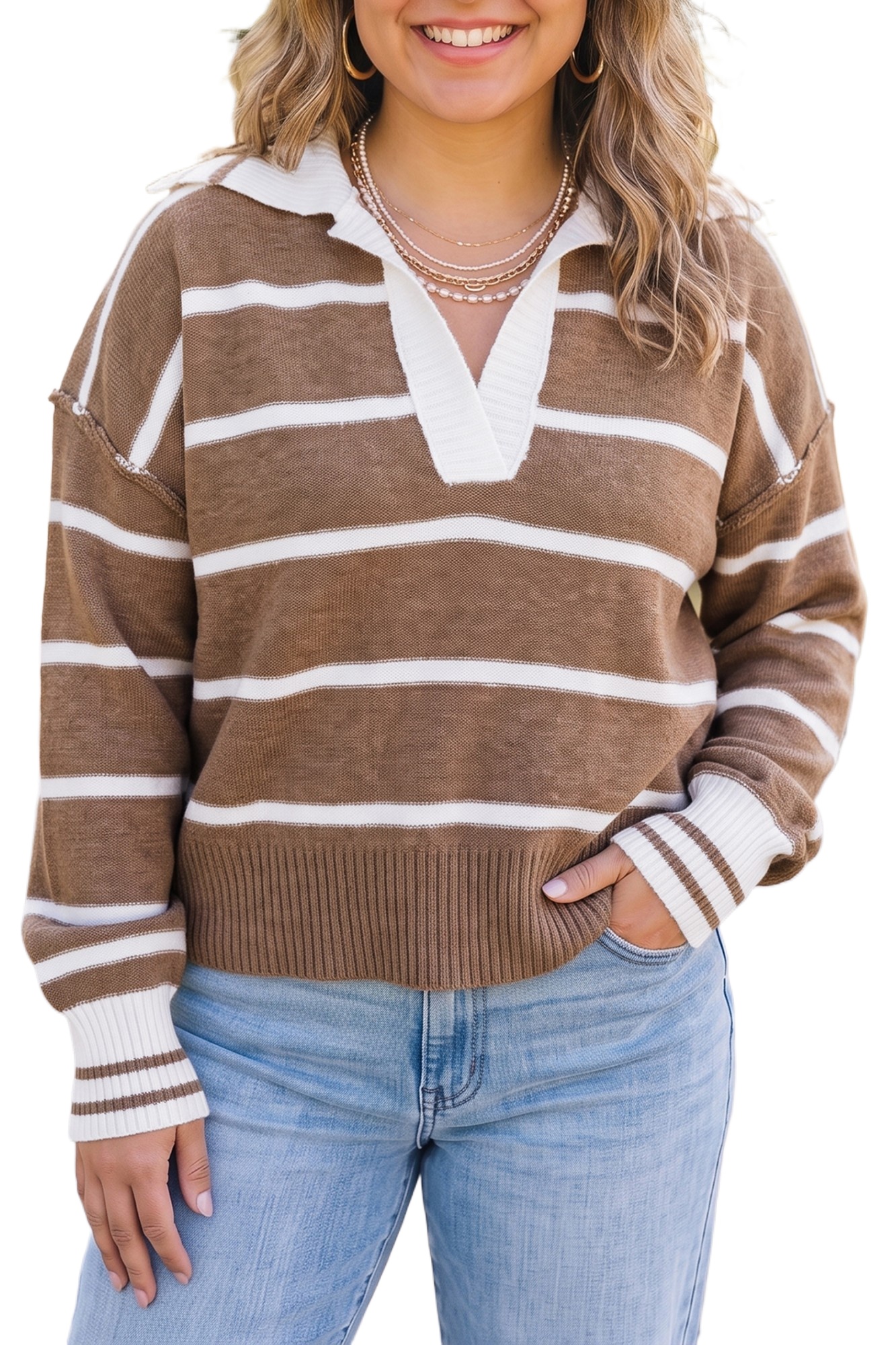 Women's Striped V Neck Sweater, Casual Fall Pullover - Main View