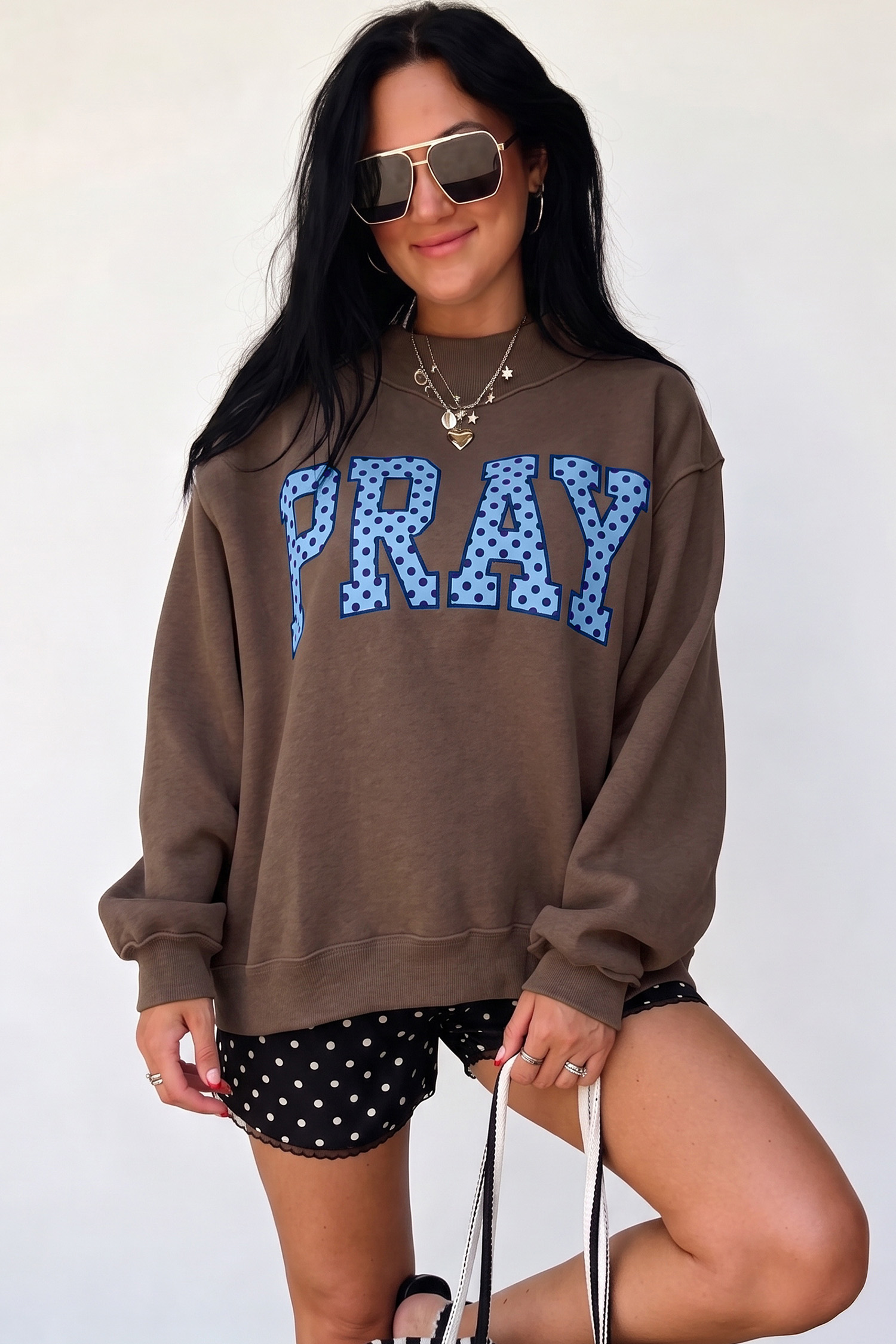 Soft Cotton Blend PRAY Sweatshirt, Women's Fall Mock Neck - Detail View 3