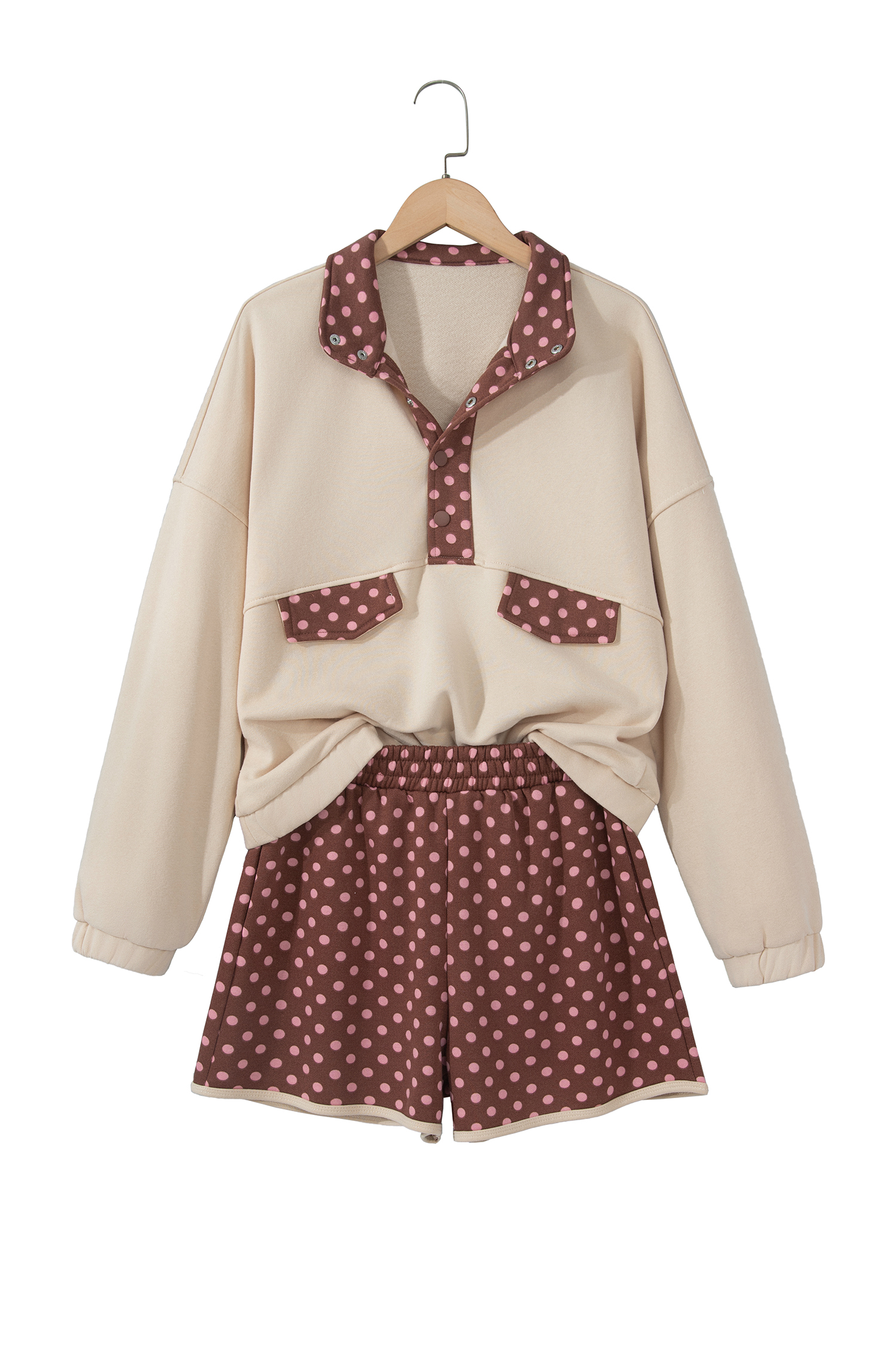 Women's Long Sleeve Pullover and Shorts Set, Polka Dot Brown - Detail View 3