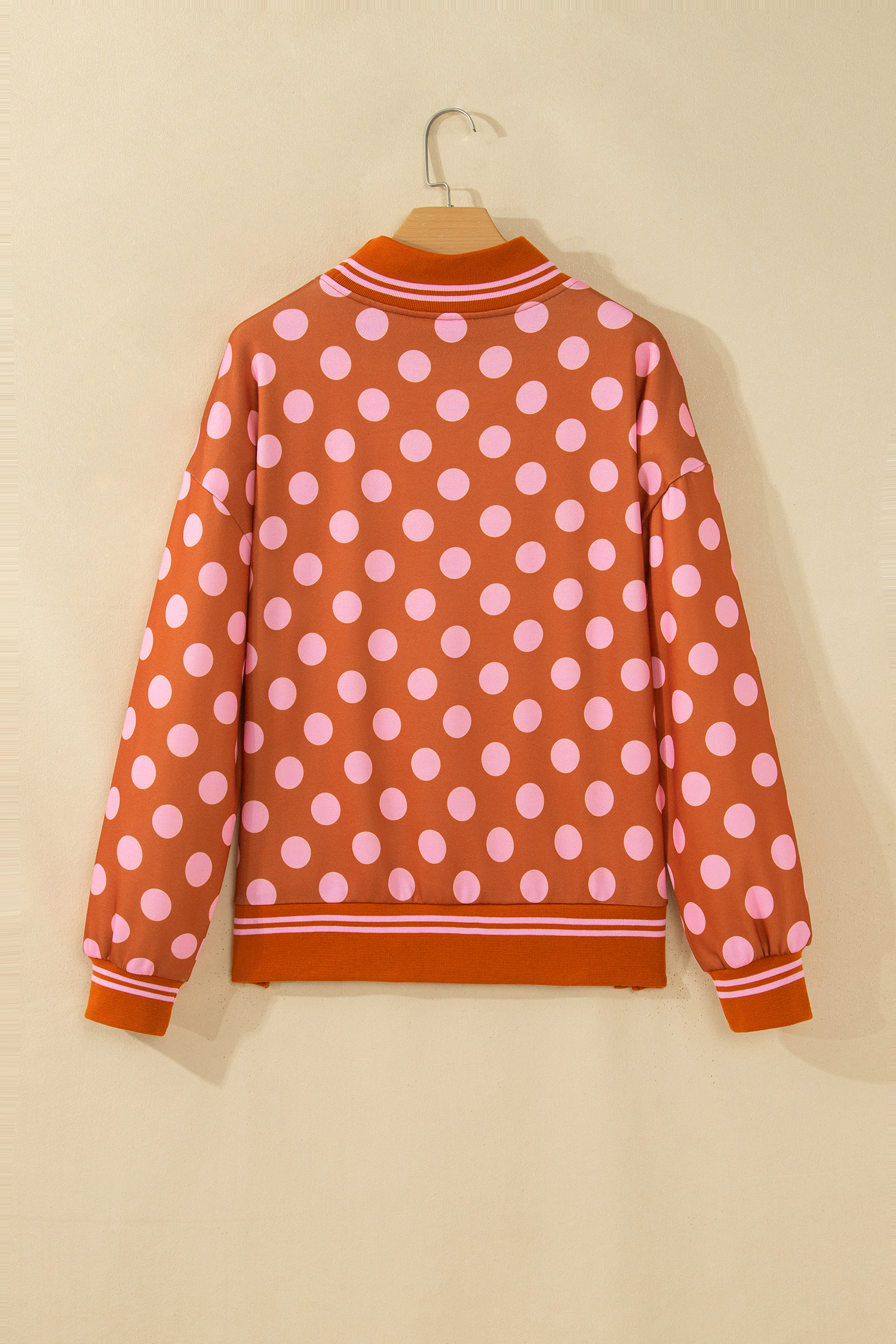 Polka Dot Long Sleeve Pullover, Striped Trim Women's Top - Detail View 5
