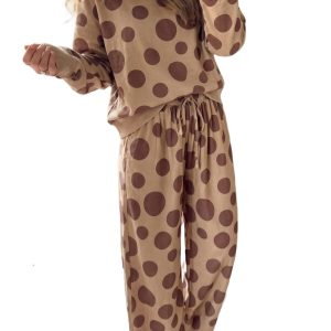 Women's Polka Dot Top and Pants Set, Khaki Casual Loungewear - Main View