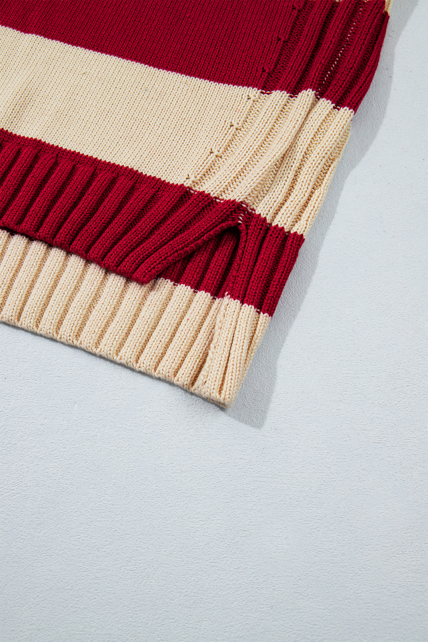 Red Color Block Sweater, Women's Striped Casual Winter Top - Detail View 8