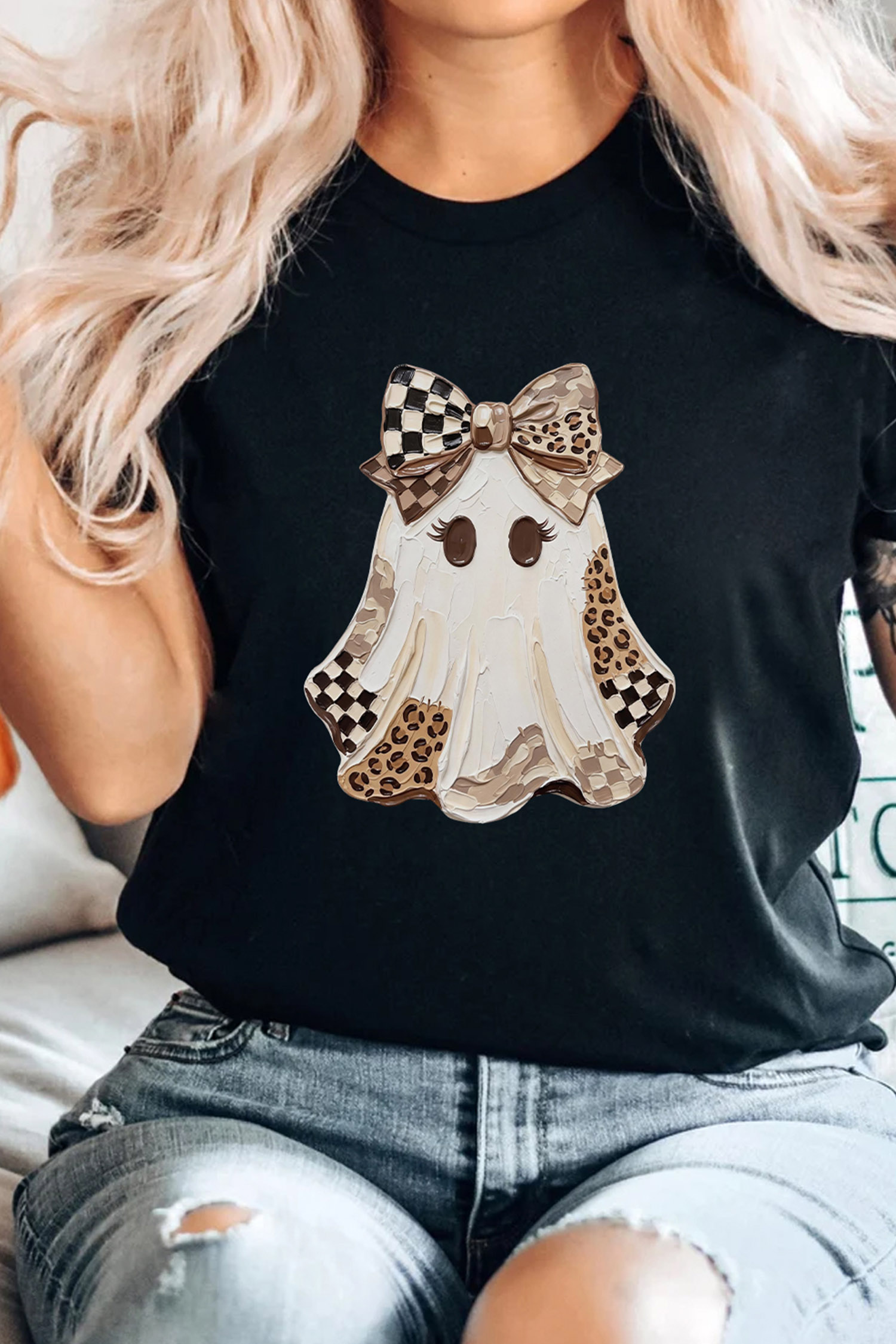 Women's Soft Round Neck Halloween Tee, Casual Ghost T Shirt - Detail View 3