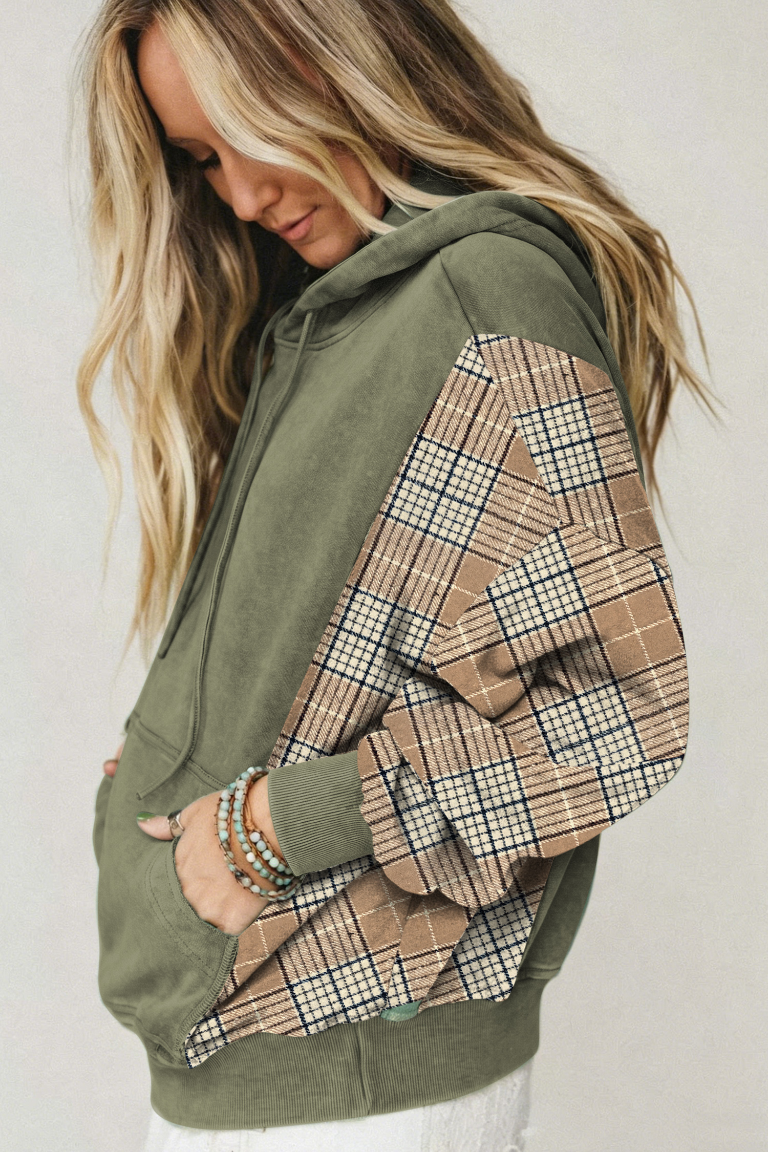 Women's Cotton Hooded Sweatshirt, Cozy Plaid Sleeve Top - Detail View 3