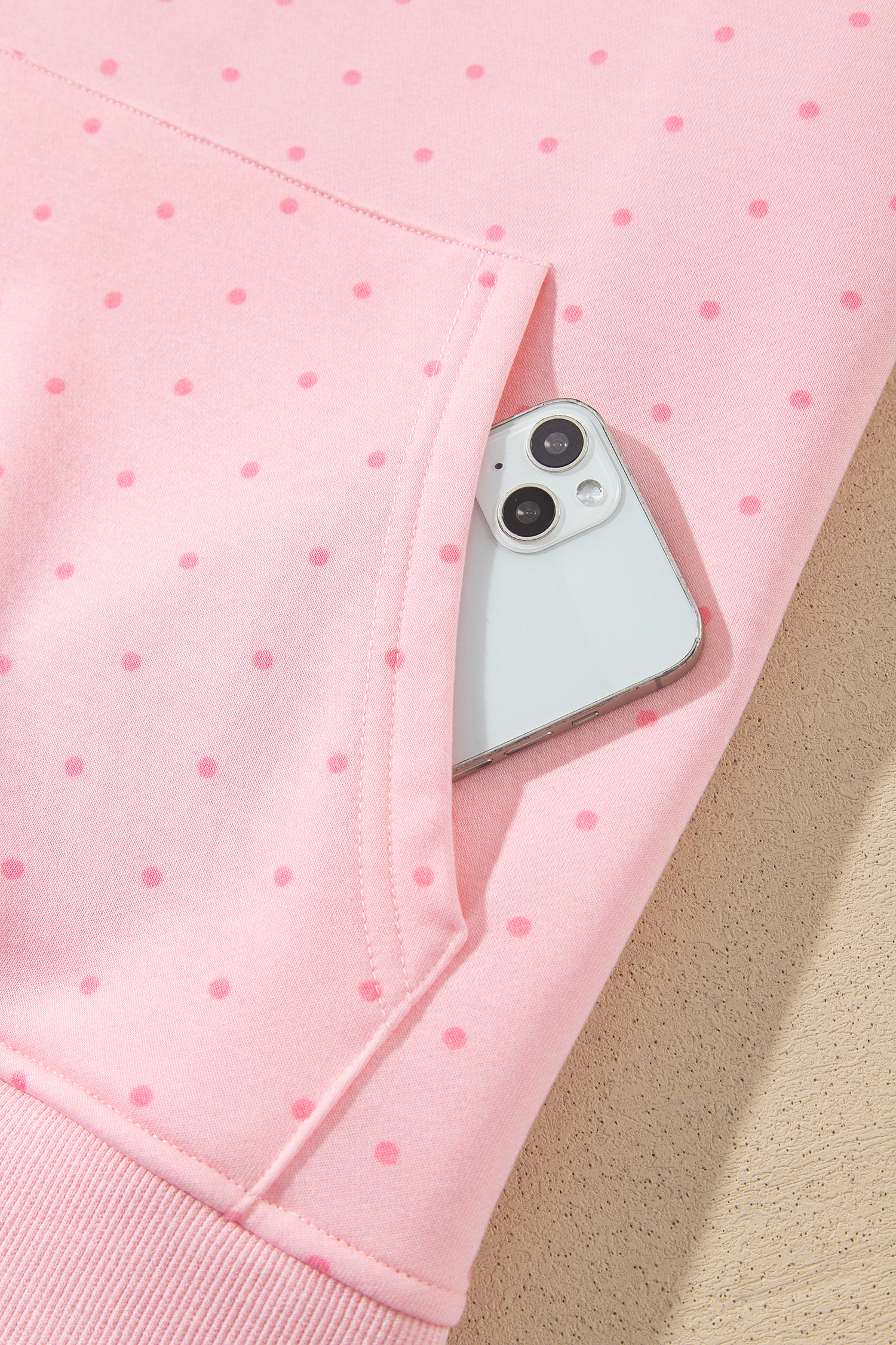 Women's Pink Polka Dot Hoodie Set, Casual Two Piece Outfit - Detail View 10