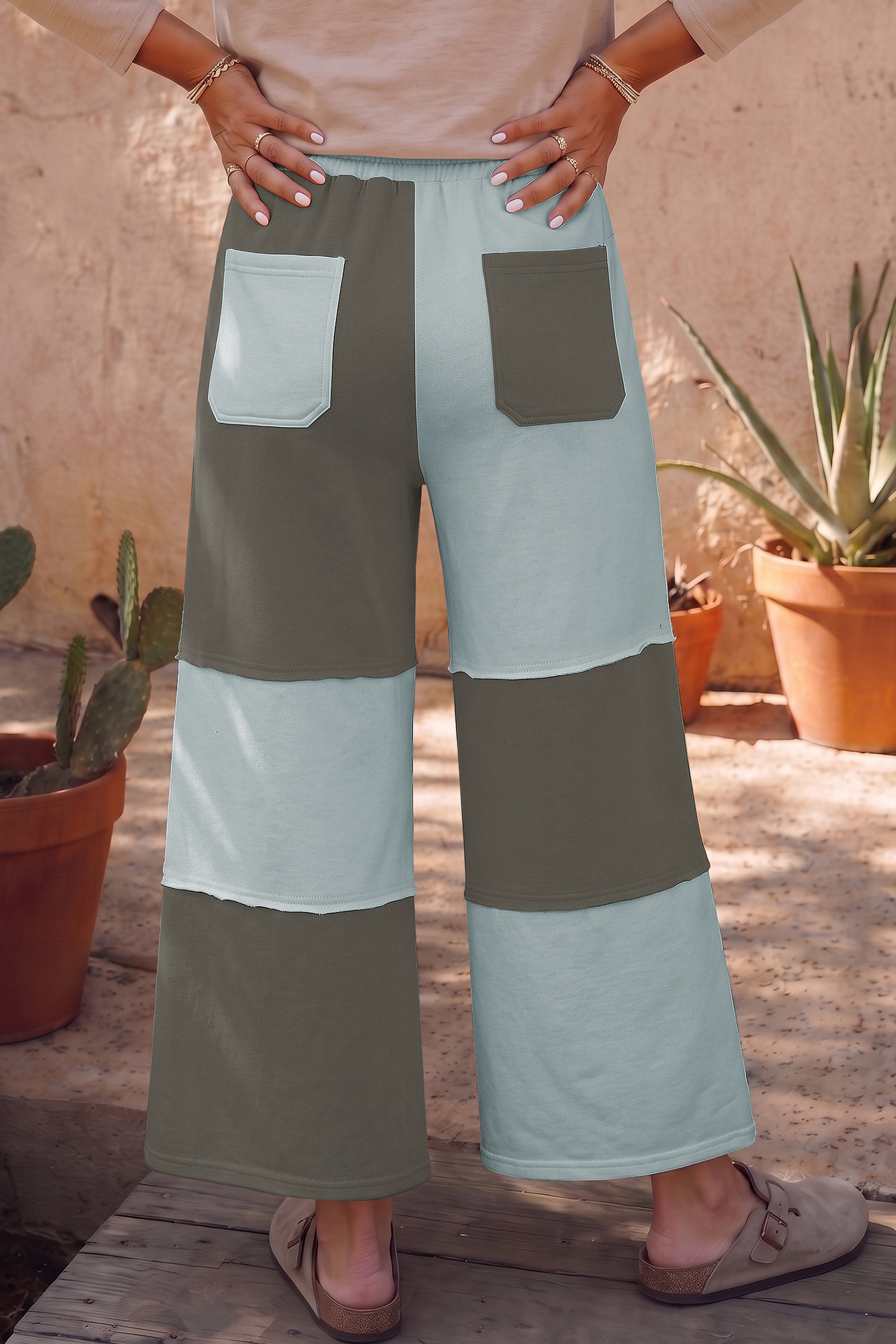 Relaxed Fit Colorblock Pants, Cotton Blend Ankle Length - Detail View 3