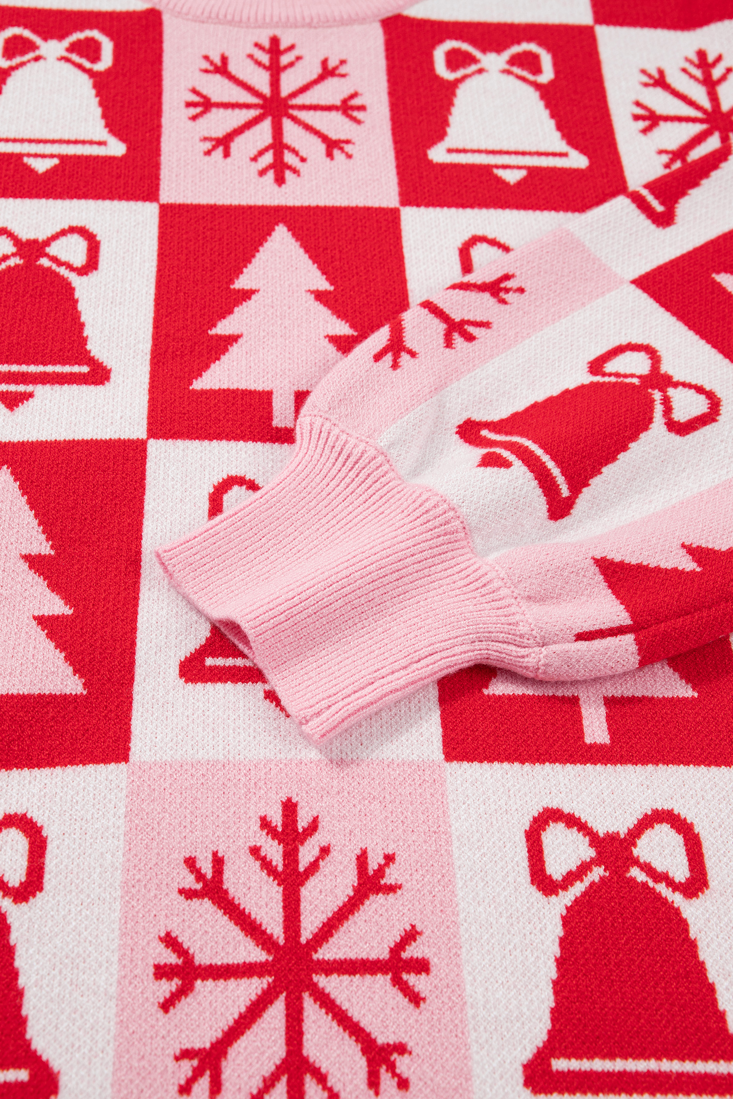 Women's Plaid Knit Sweater, Festive Pink Holiday Pullover - Detail View 11