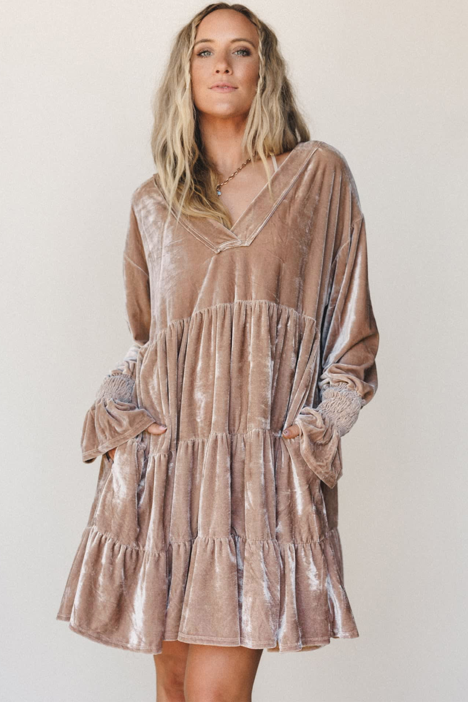 Long Sleeve Velvet Dress, Women's V Neck with Pockets - Detail View 6
