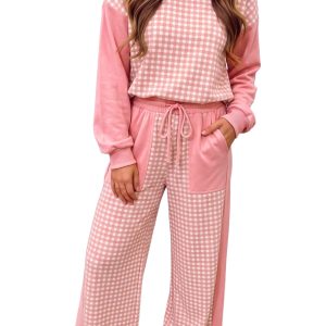 Women's Plaid Pullover Pant Set, Casual Daily Loungewear - Main View