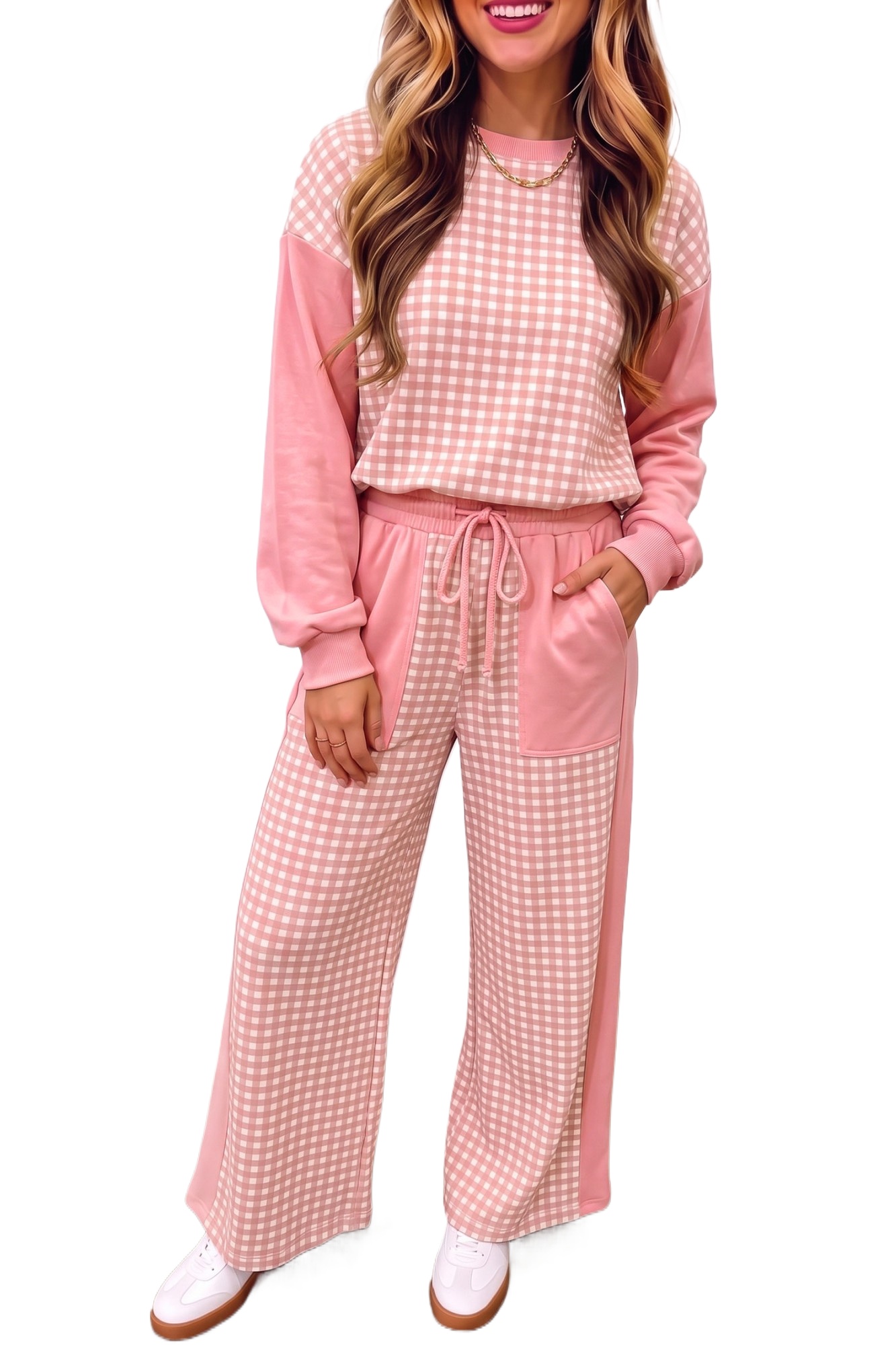 Women's Plaid Pullover Pant Set, Casual Daily Loungewear - Main View