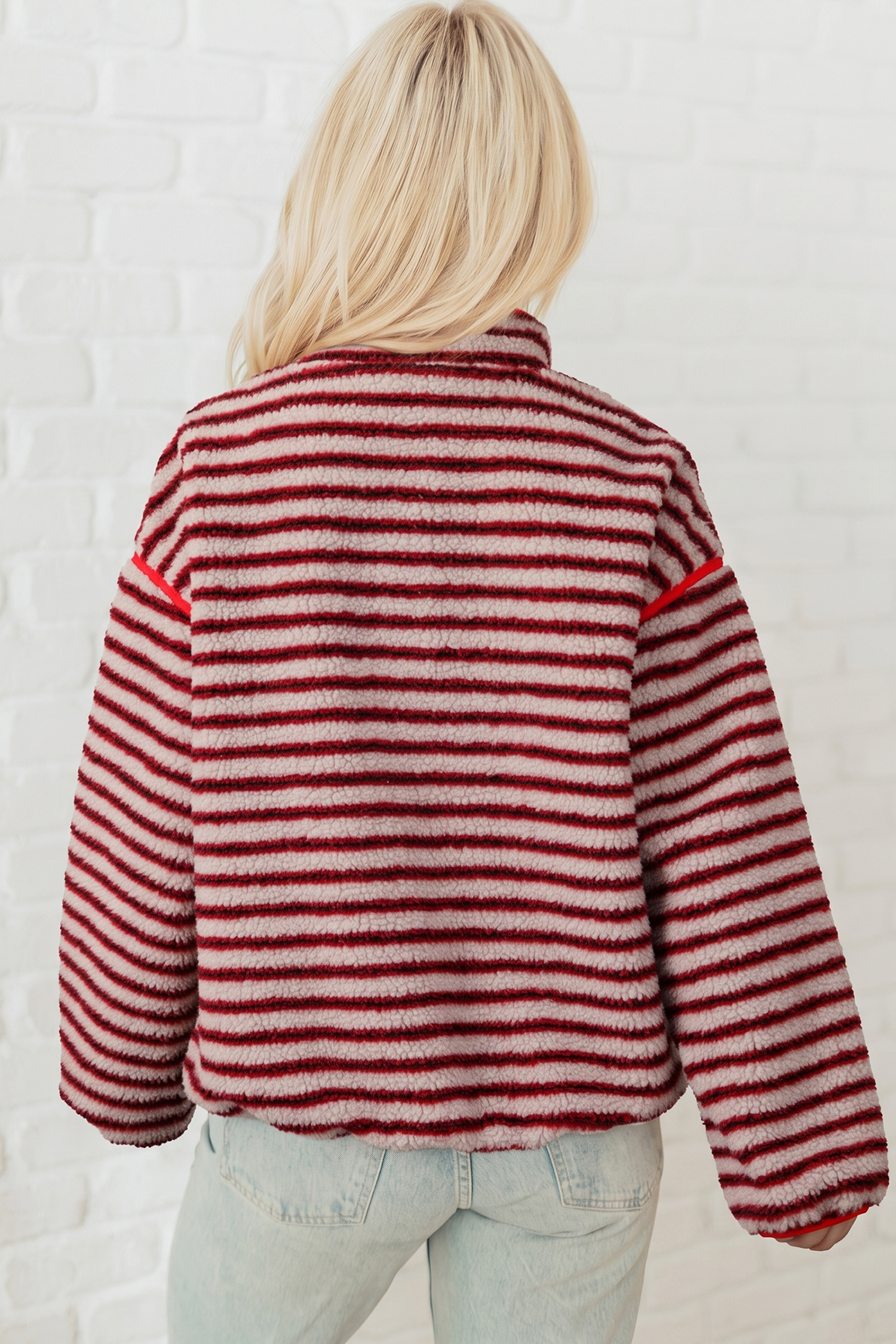 Women's Striped Fleece Sweatshirt, Stand Neck Pullover - Detail View 2