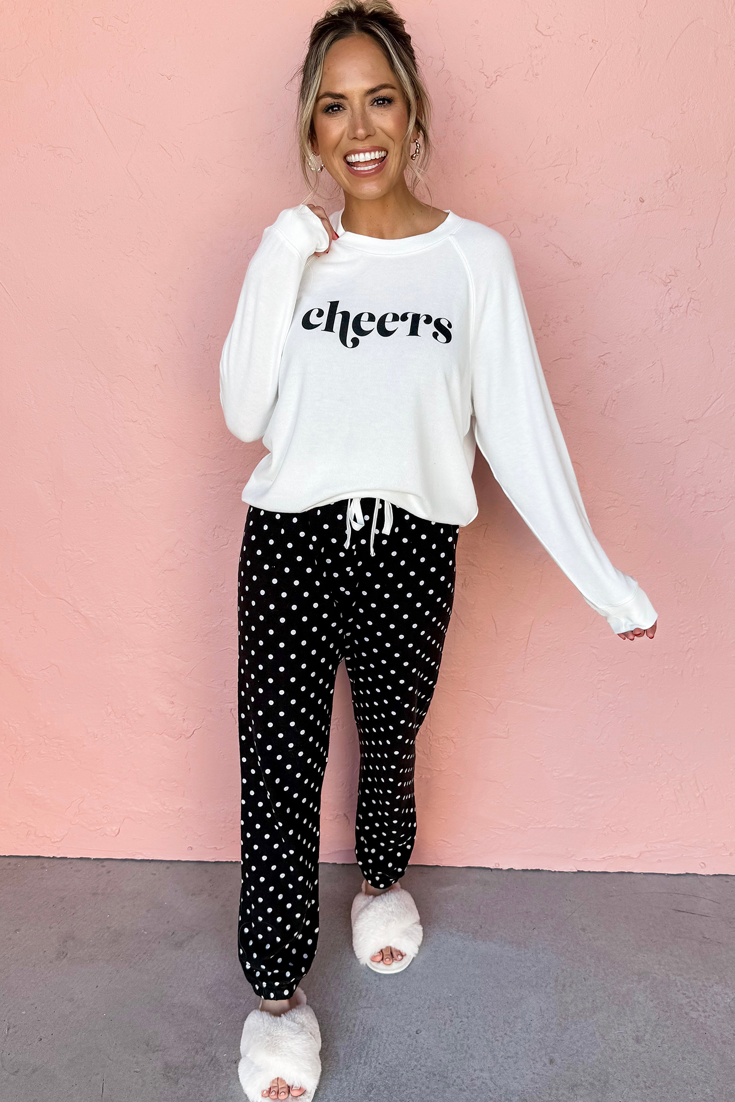 Graphic Cheers Pajama Set, Polka Dot Women's Loungewear - Detail View 7