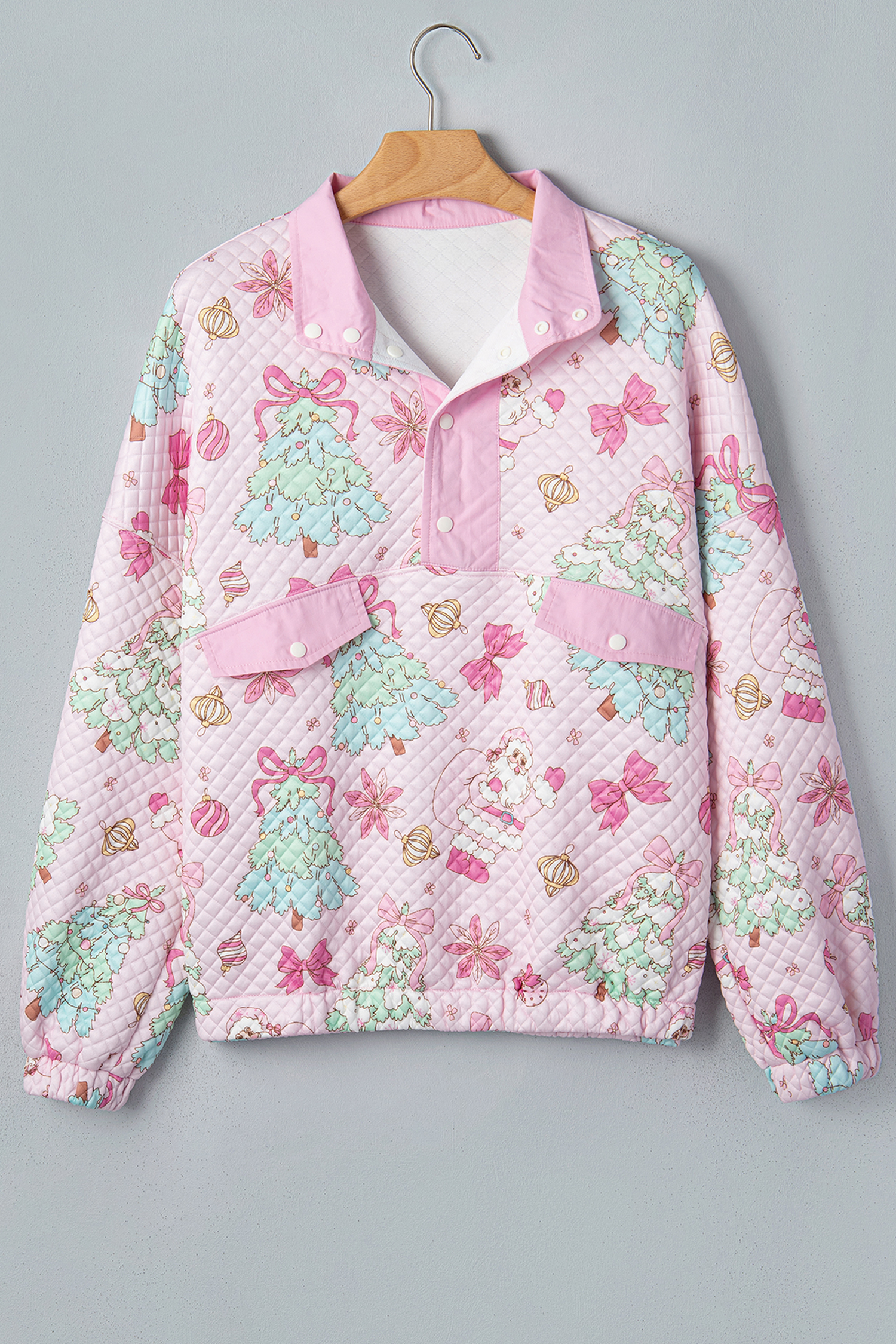 Pink Quilted Women's Sweatshirt, Casual Christmas Pullover - Detail View 13