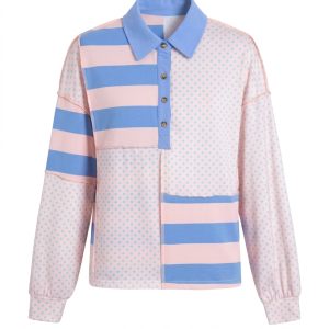 Women's Striped Polka Dot Polo Top, Casual Pink Long Sleeve - Main View