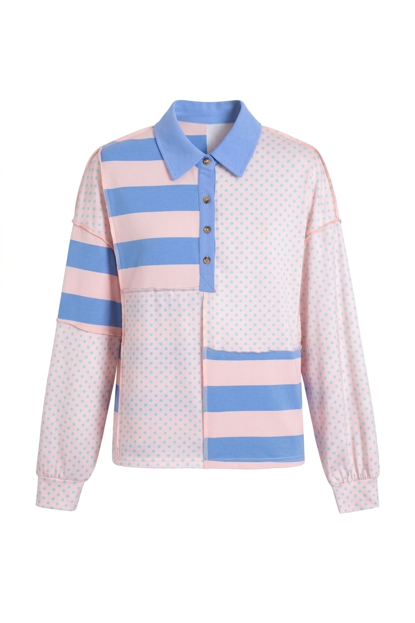 Women's Striped Polka Dot Polo Top, Casual Pink Long Sleeve - Main View