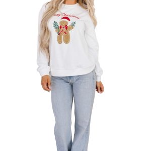 Women's Gingerbread Christmas Sweatshirt, Casual White Top - Main View