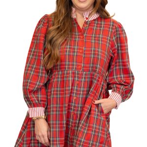 Women's Red Plaid Shift Dress, Casual Long Sleeve Fall - Main View