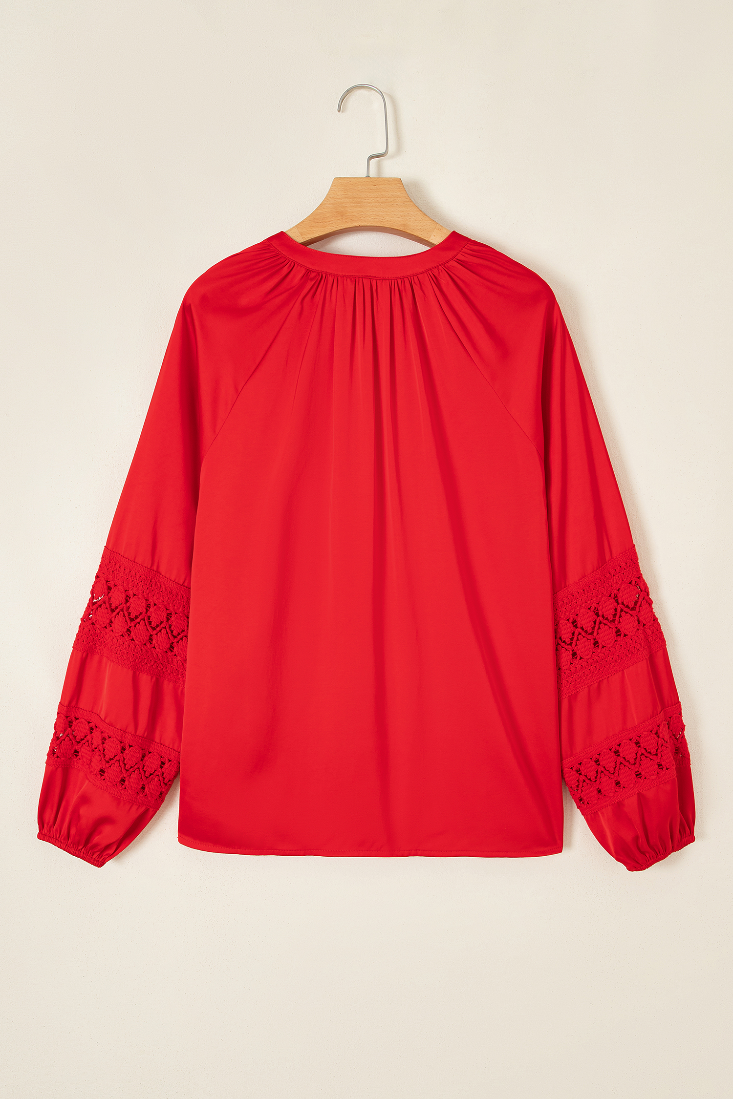Women's Boho V Neck Red Blouse, Long Sleeve Lace Shirt - Detail View 6