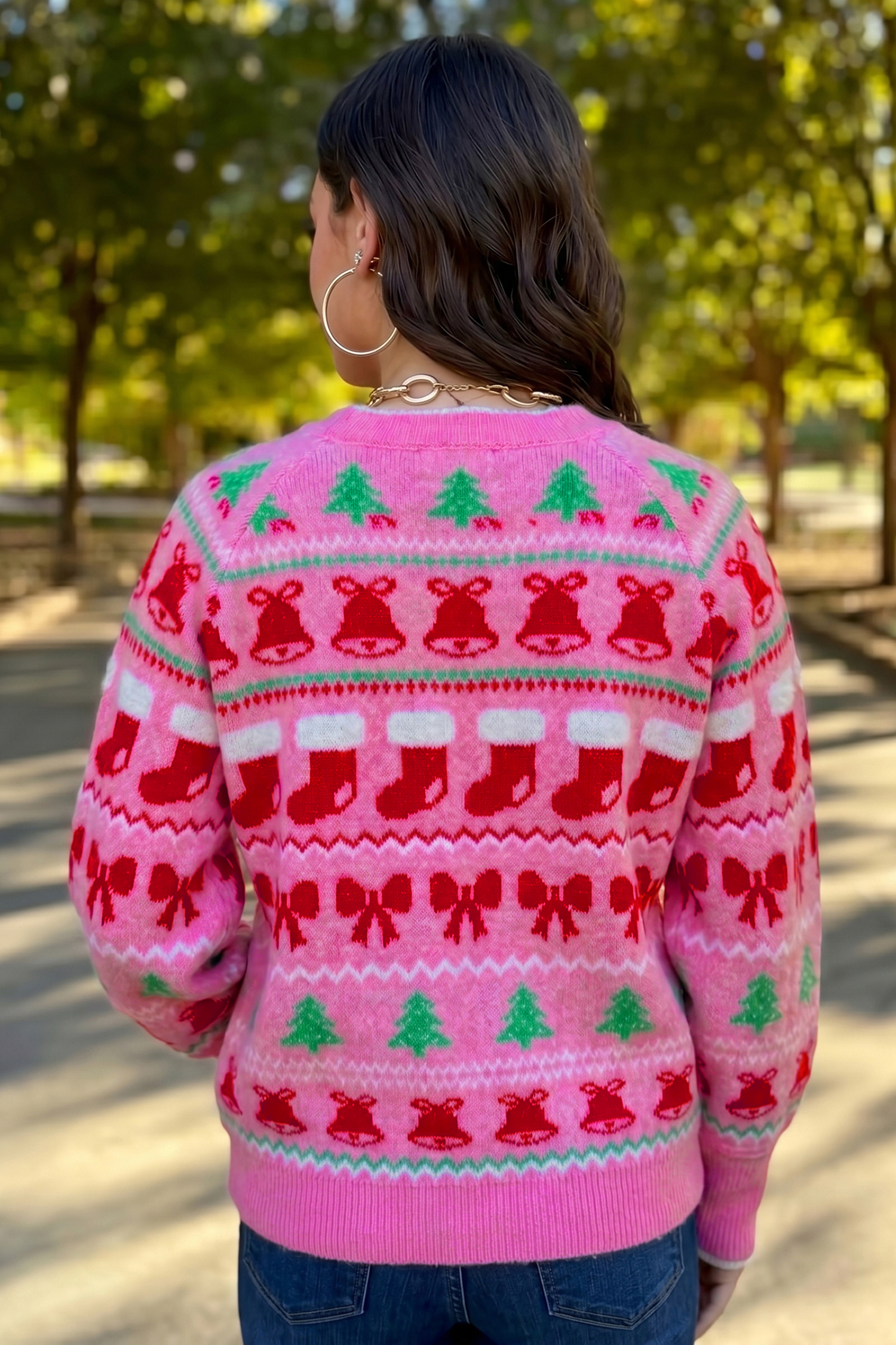 Festive Graphic Christmas Sweater, Pink Crewneck Women Top - Detail View 2