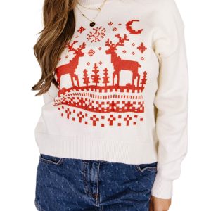 Women's Reindeer Knit Sweater, Casual Christmas Pullover - Main View