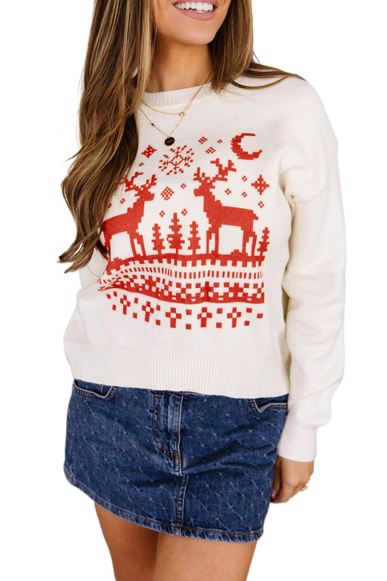 Women's Reindeer Knit Sweater, Casual Christmas Pullover - Main View